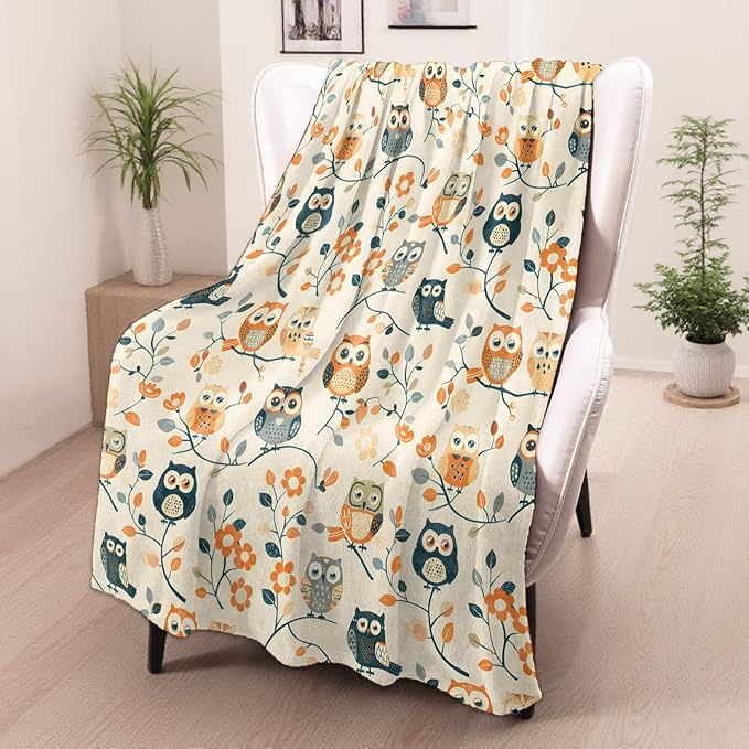 Owl Gifts, Owl and Flower Blanket for Adults Women Kids, 50x60 in, Cozy Fuzzy Warm Soft Throw Blankets for Bedroom, Camping, Couch, Decor