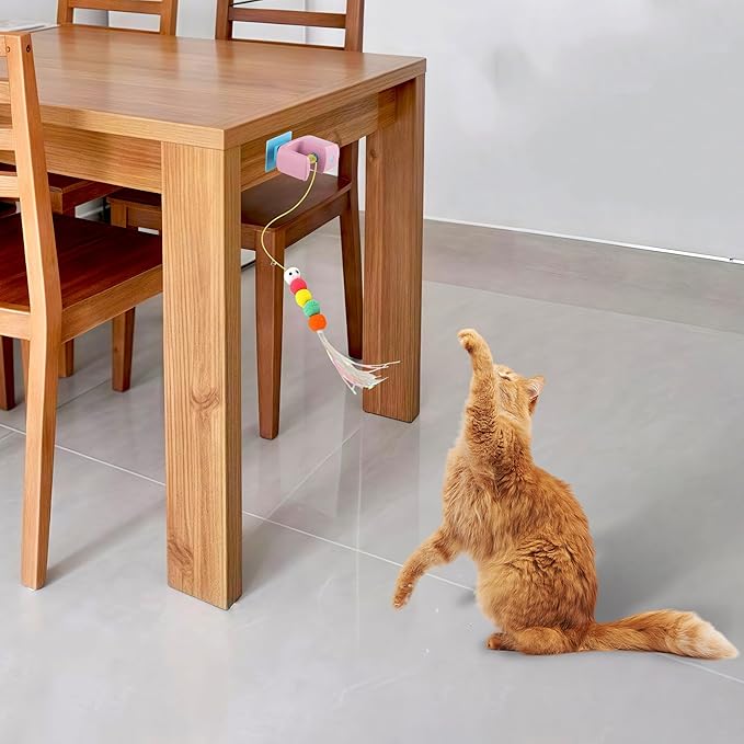 Interactive Hanging Cat Retractable String Toys for Indoor Kittens and Bored Adult Cats with 3 Flying Feathers, Automatic Electric Teaser for Enrichment and Chase, Rechargeable, Pink