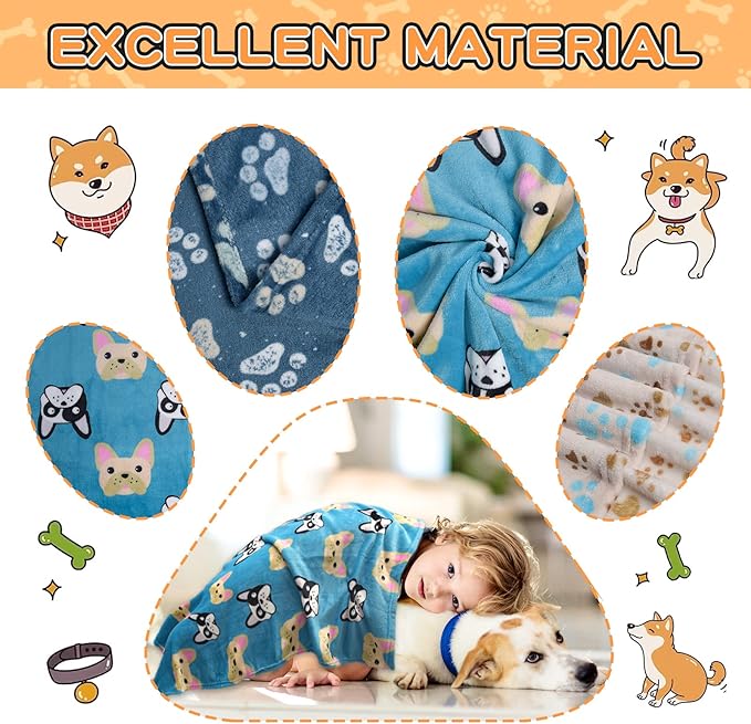 Rezutan Premium Dog Blankets for Large Dogs & Cat Flannel Blanket Washable, Soft Pet Throw Cover for Kennel Crate Bed, Cute Paw Pattern,41x31 inch, Blue/Beige/Navy Blue
