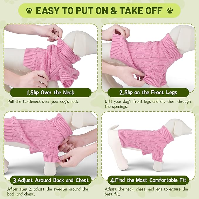 Small Dog Thermal Pullover Sweater, Classic Turtleneck Cable Knitwear Dog Clothes for Cold Weather Warm Pet Clothes for Chihuahua, Bulldog, Dachshund, Pug Pink Large