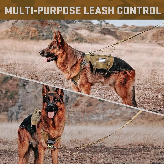 Forestpaw Tactical Dog Harness for Large Dogs,Tactical Dog Collar with Bungee Leash Set,No Pull Military Dog Harness for Walking Training,Adjustable for Medium Large Dogs,Khaki,Chest 21.5-45"
