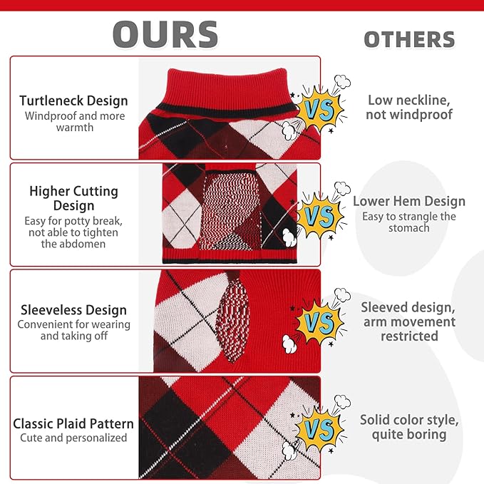 KOOLTAIL Dog Sweater Pet Knitted Clothes-Classic Plaid Pullover Turtleneck Red Fleece Dog Christmas Sweaters with Leash Hole, Thick Warm Dog Winter Clothes for Small Medium Large Dogs Cats Puppy, L