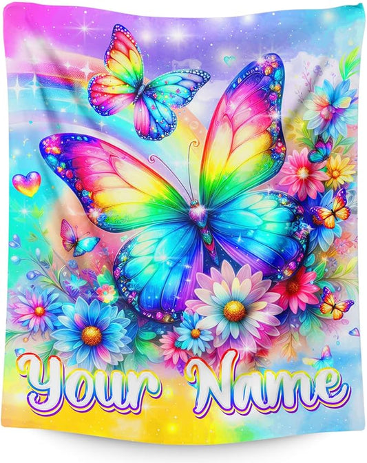 Butterfly Blanket for Girls Personalized Throw for Kids Toddler, 30x40 Inches Lightweight Soft Aesthetics Butterfly with Custom Name for Sofa Couch Bed Travel Daughter Gift