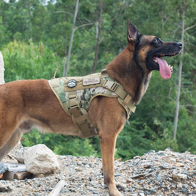 Tactical Dog Harness Vest with Handle, Military Dog Harness for Large Medium Dogs,No-Pull Service Dog Vest with Hook & Loop Panels,Adjustable Dog Vest Harness for Walking Hiking Training（Camo,M）