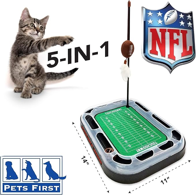 Pets First Cat Toy NFL CLEVELAND BROWNS FOOTBALL FIELD CAT SCRATCHER TOY with CATNIP Filled Plush FOOTBALL Toy & Feather Cat Toy hanging, with Jingle Bell INTERACTIVE BALL Cat Chasing 5-in-1 KITTY Toy