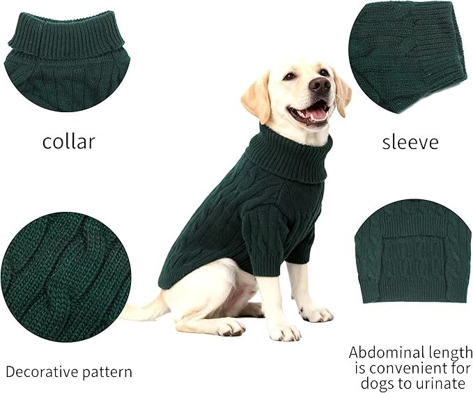 Medium/Large Dog Sweater, Warm Dog Winter Coat w/Sleeves, Comfortable High Neck Premium Dog Clothes for Labrador-Best for Holidays, Daily Walks XL Green