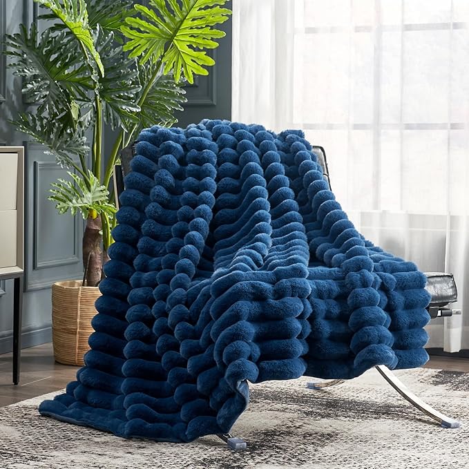 Cozy Bliss Faux Fur Throw Blanket for Couch, Cozy Warm Plush Striped Blanket for Sofa Bedroom Living Room, 50 * 60 Inches Navy Blue