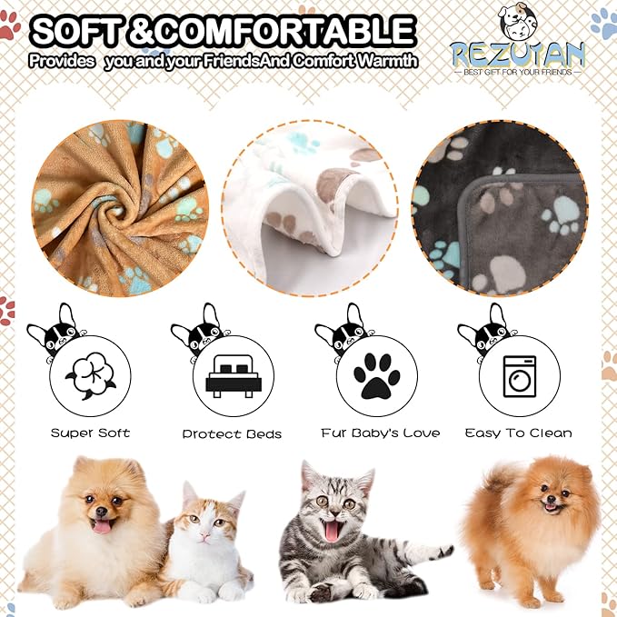 Rezutan Upgraded Dog Blankets for Medium Dogs, 3 Pack Dog Cat Blanket Washable, Soft Pet Throw Cover Suitable for Kennel Crate Bed, Cute Paw Pattern, 30"x20" Grey/Brown/White
