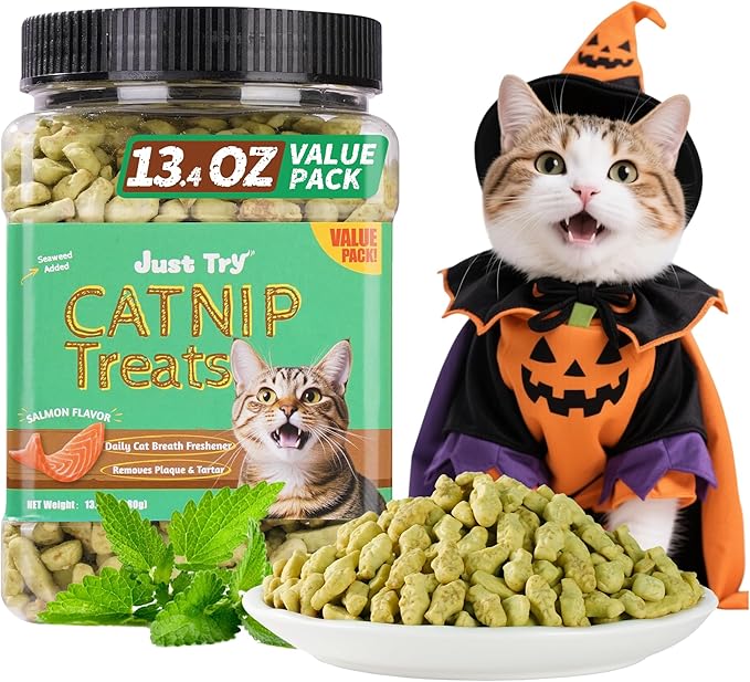 Just Try 13.4 OZ Crunchy Cat Treats Catnip Treats for Cats with Digestive Support, Natural Ingredients Kitten Treats with Real Salmon, Healthy Feline Snacks Training Biscuits Dental Care