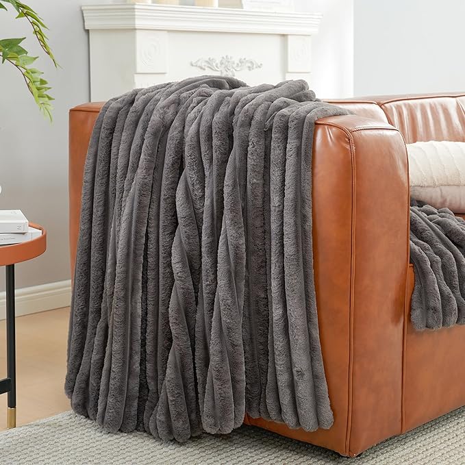 Amélie Home Faux Fur Throw Blanket for Couch, Cozy Fuzzy Fluffy Fur Luxurious Soft Striped Plush Gift Blankets for Family Sofa Chair Bedroom, 55"x70", Charcoal Grey