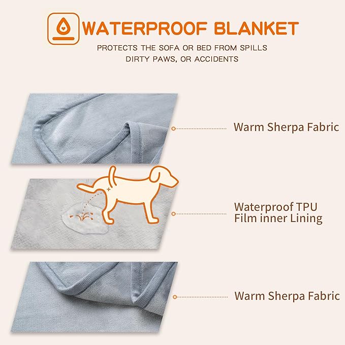 Water Proof Blanket 50x60 Inches - Reversible Flannel Blanket for Bed, Sofa,Couch- Spillproof, Leakproof Soft Double-Sided Light Grey Throw Blanket for Adults, Pets, Couples