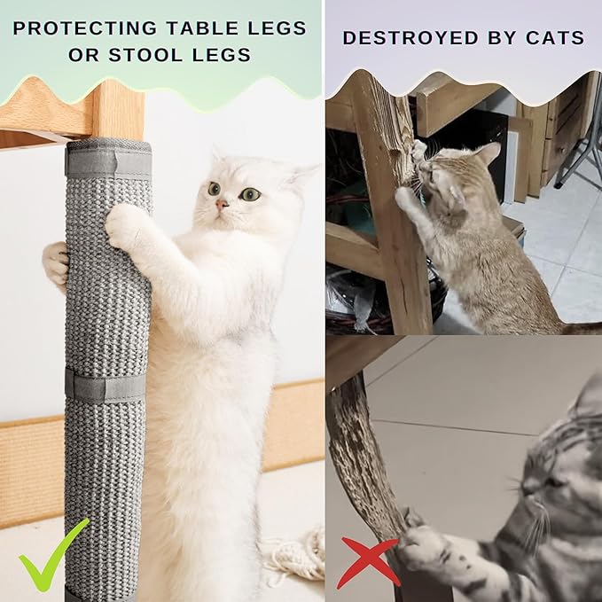 JanYoo 2 Pieces Cat Scratcher Cat Furniture Table Leg Protectors Sisal Cat Scratching Pad Mat Protecting with Hanging Toy(Grey)