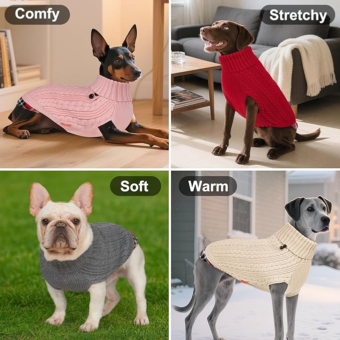 KYEESE Dog Sweater Stretchy Knitwear Cat Clothes Soft Pullover Dog Sweaters for Small Dogs Girl Comfy Pet Coat for Fall Winter Cold Weather Warm Turtleneck Small Dogs Sweater with Gingham Patchwork