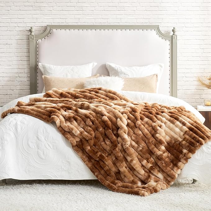 Cozy Bliss Faux Fur Throw Blanket for Couch, Cozy Warm Plush Striped Blanket for Sofa Bedroom Living Room, 50 * 60 Inches Tie-dye Brown