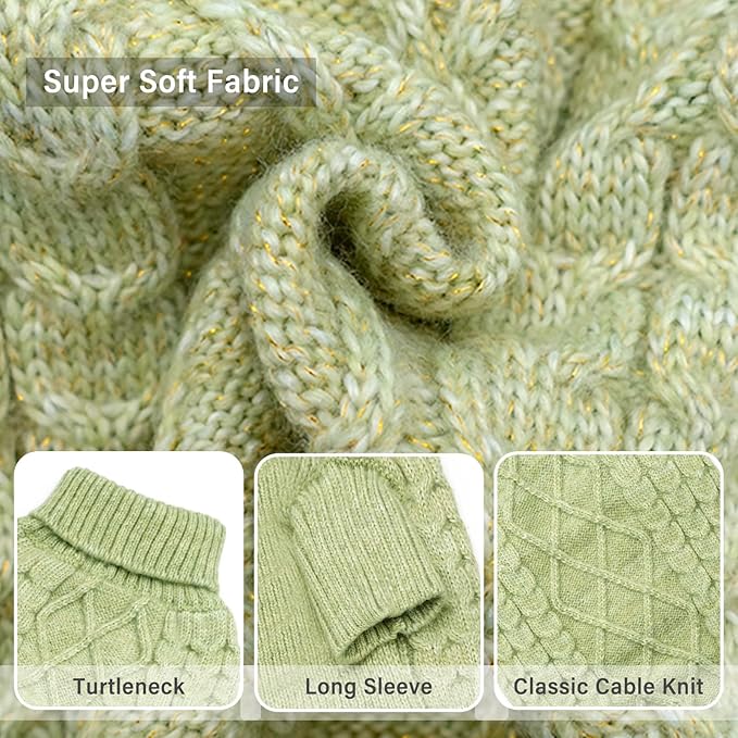 KYEESE Dog Sweater Warm Pet Coats with Classic Cable Knit Long Sleeve Knitwear Dogs Clothes, Turtleneck Stretchy Dog Sweater for Small Dogs, Green, Small