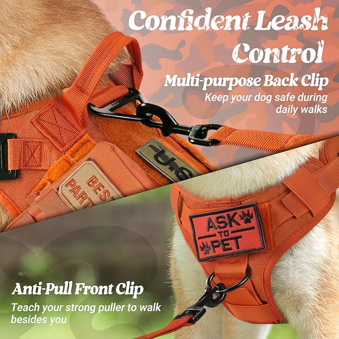 rabbitgoo Tactical Dog Harness for Large, Heavy Duty Pet Harness with Handle, No-Pull Service Vest Large Breed, Adjustable Military Dog Vest for Training Hunting Walking, Orange, XL