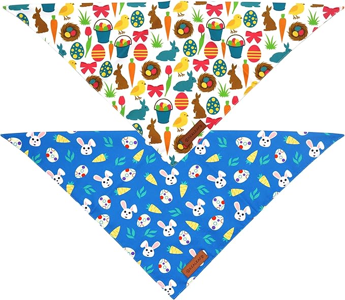 Realeaf Easter Dog Bandanas 2 Pack, Reversible Bunny Carrot and Easter Eggs Pet Scarf for Boy and Girl, Premium Durable Fabric, Holiday Bandana for Small Medium Large and Extra Large Dogs (Small)