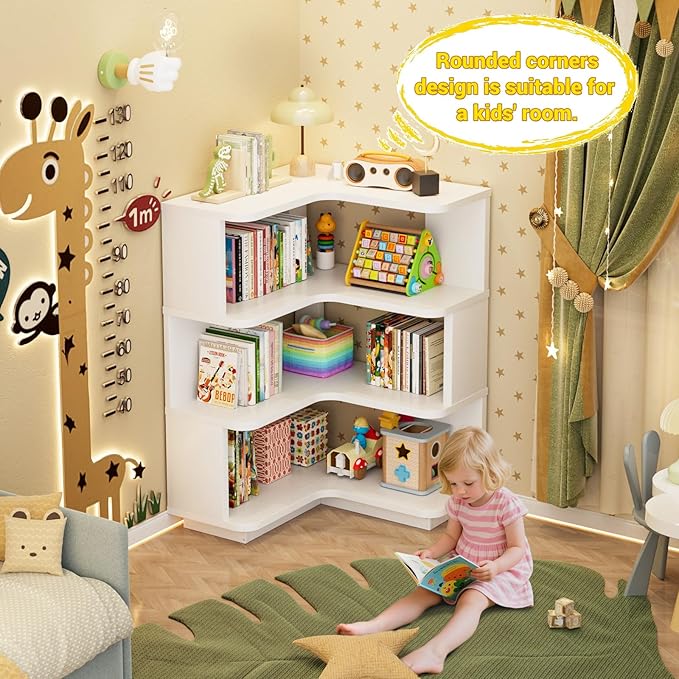 Armocity Corner Book Shelf - 4 Tier Corner Bookshelf Etagere Bookcase with Baffle, Freestanding L Shaped Display Shelf Stand for Home Office, Living Room, Bedroom, Kitchen, White