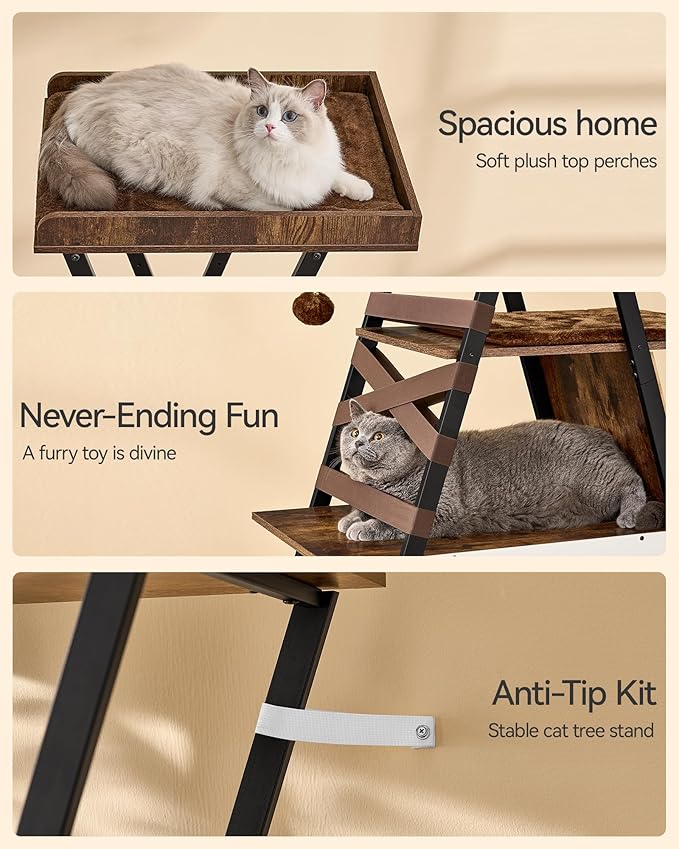 FourFurPets 72.4" Modern Cat Tower for Indoor Cats - Multi-Level Condo With Caves, Tall Tree With Scratching Board, Wooden Tower With Large Perch, Removable Pads, Rustic Brown