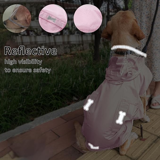 Waterproof Dog Raincoat, Adjustable Reflective Lightweight Pet Rain Clothes with Poncho Hood (Light Pink, X-Large)