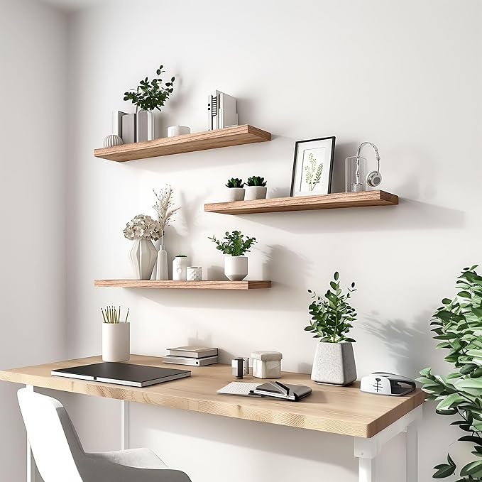 Light Wood Floating Shelves for Wall Rustic Wall Shelf for Bedroom Living Room Set of 6