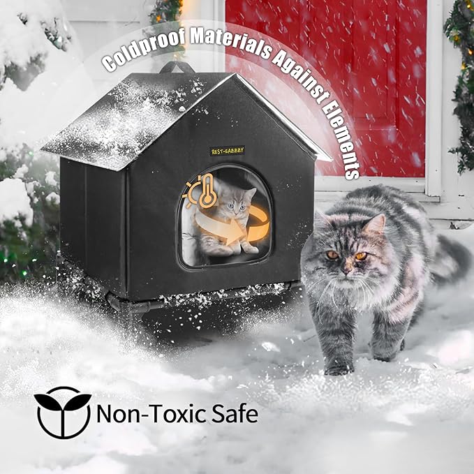 Rest-Eazzzy Heated Cat House for Indoor Cats, Waterproof, Fully Insulated Shelter, Great for Cat Houses and Cat Beds (Black, Medium)