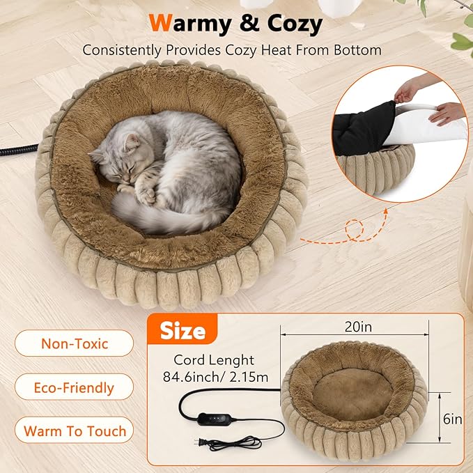 INVENHO Heated Cat Beds for Indoor Cats and Small Dogs, 20" Cozy Donut Heated Pet Bed with Timer & Temp Adjustable, Removable Waterproof Electric Warming Bed for Indoor Cat