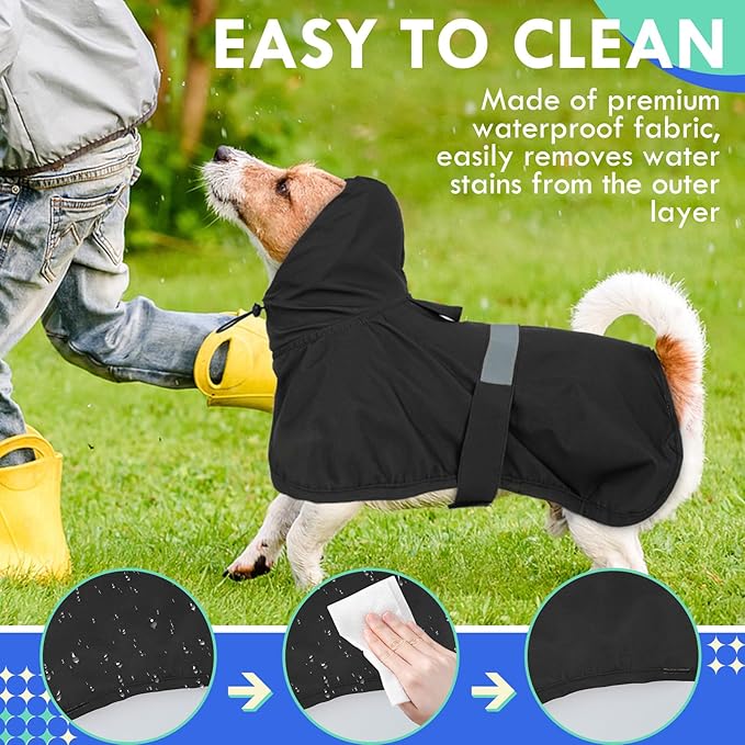 MIGOHI Dog Raincoat, Adjustable Large Dog Raincoat | Easy-On Hook & Loop Belly Straps, Adjustable Hind Leg Straps Dogs Rain Jacket, Machine Washable, Black, L