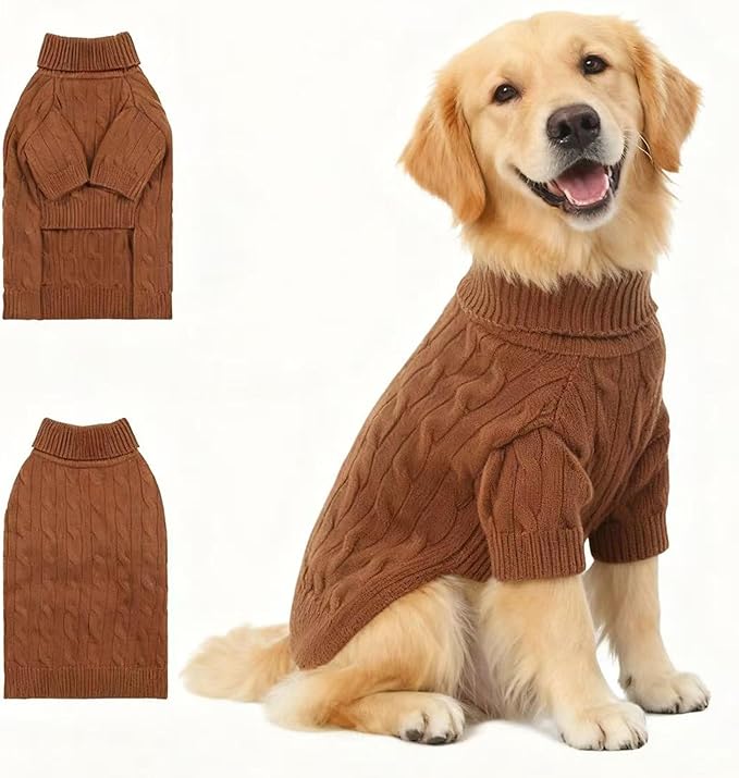 Medium/Large Dog Sweater, Warm Dog Winter Coat w/Sleeves, Comfortable High Neck Premium Dog Clothes for Golden Retriever-Best for Holidays, Daily Walks XXL Brown