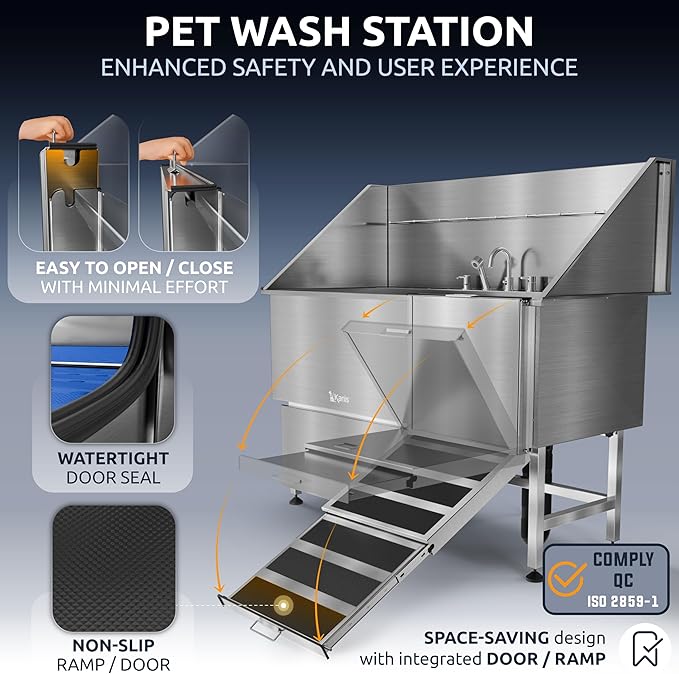 KANIS Professional Dog Washing Station - 304 Stainless Steel Pet Wash Sink & Grooming Bathtub w/Shower, Floor Grates and Storage for Large, Medium & Small Pets (61", 1 Drawer - Right Ramp)