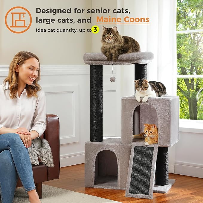 Cat Tree for Indoor Cats Adult, 45-Inch Heavy Duty Cat Tower with Sisal Scratching Ramp, 2 Cat Condo for Extra Large Cats, Big Top Perch, 3 Thick Black Scratching Posts (φ4.3) -Gray