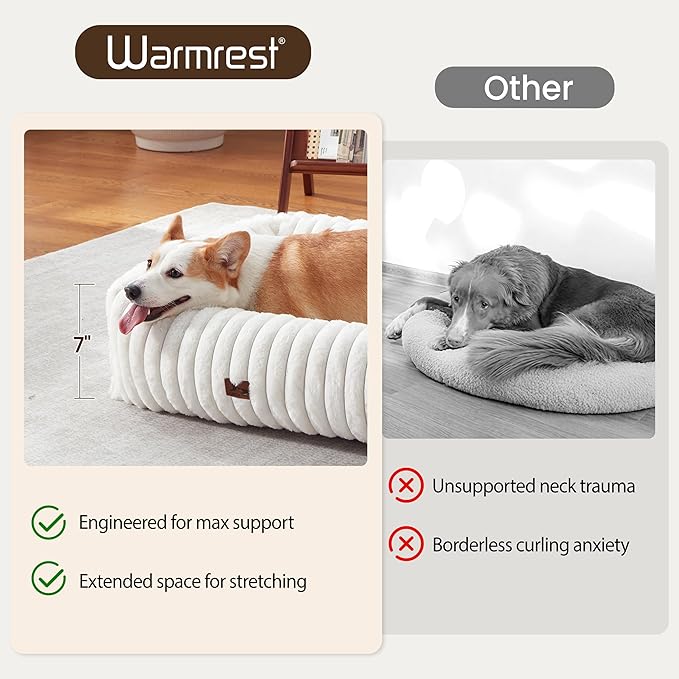 Orthopedic Dog Bed for Small Medium Dogs - Washable Rectangle Corduroy Fleece Pet Bed with Removable Cover and Nonskid Bottom, Calming Puppy Bed Soft Pet Sofa, Cream(25x21x7inchs)