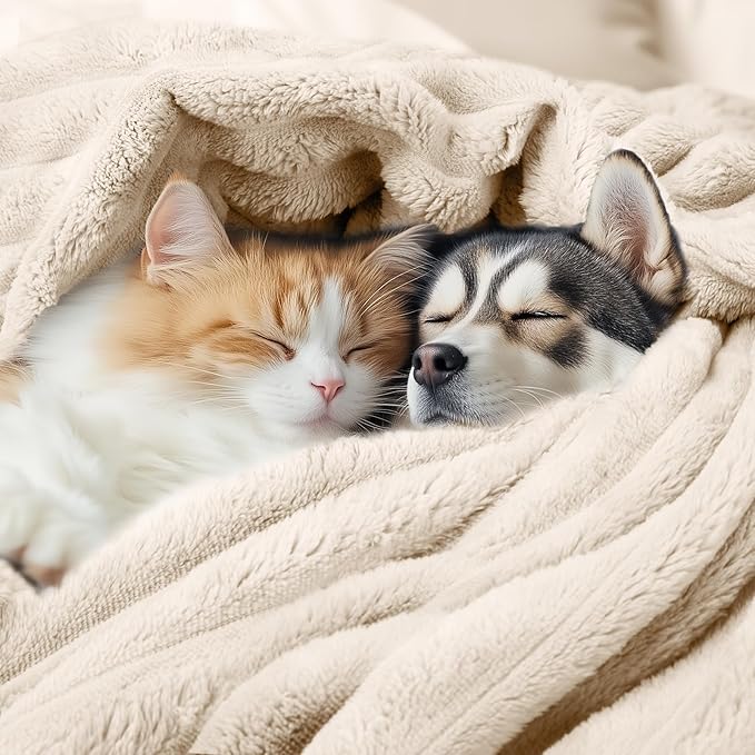 LINENLUX 1 Pack 3 Soft Fleece Dog Blanket for Pet Washable Warm Cat Puppy Fluffy Calming Flannel Beige/Pink/Grey Large