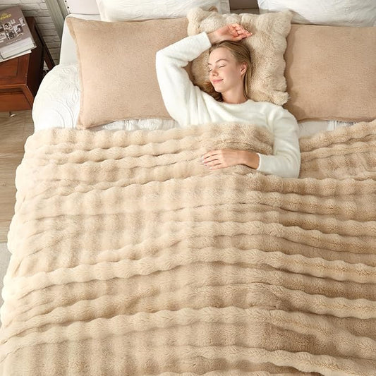 Cozy Bliss Faux Fur Throw Blanket for Couch, Bubble Plush Blanket Queen Size, Fuzzy Soft & Thick Blanket for Bed Sofa Living Room, 90x90 Inches Beige