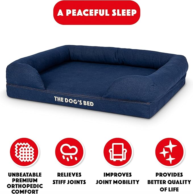 The Dog’s Bed, Med Blue Denim, Memory Foam, Pain Relief: Arthritis, Hip & Elbow Dysplasia, Post Surgery, Lameness, Supportive, Calming, Waterproof Washable Cover