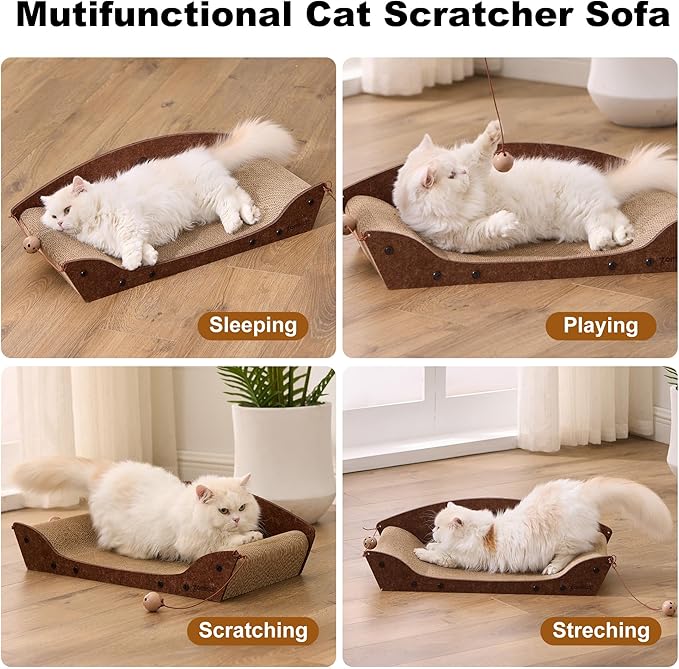 Cat Scratcher Bed - 26'' Cardboard Scratching Board for Indoor Cats, Orthopedic Lounger Scratcher Couch with Catnip and Bells