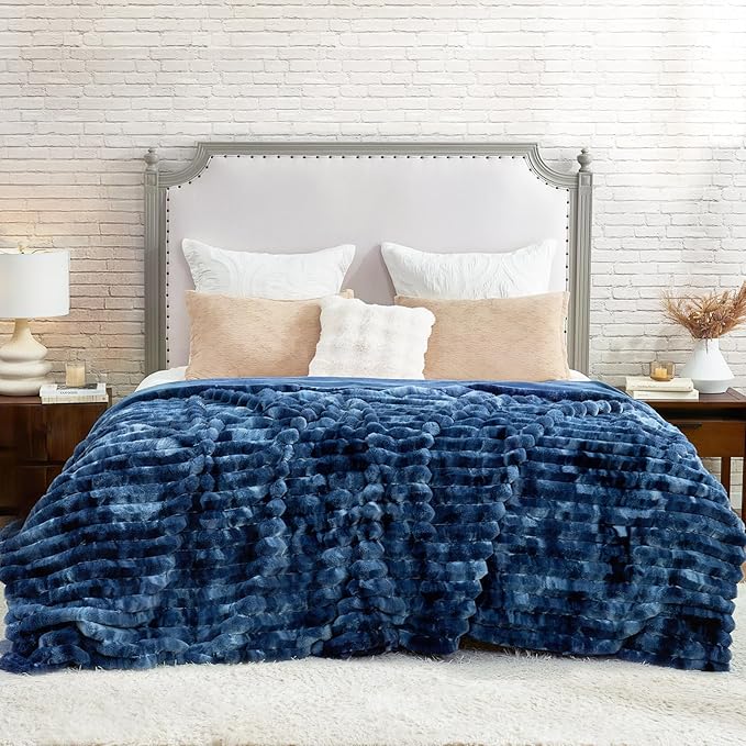 Cozy Bliss Faux Fur Throw Blanket for Couch, Cozy Warm Plush Striped Blanket for Sofa Bedroom Living Room, 108 * 90 Inches Tie-dye Blue