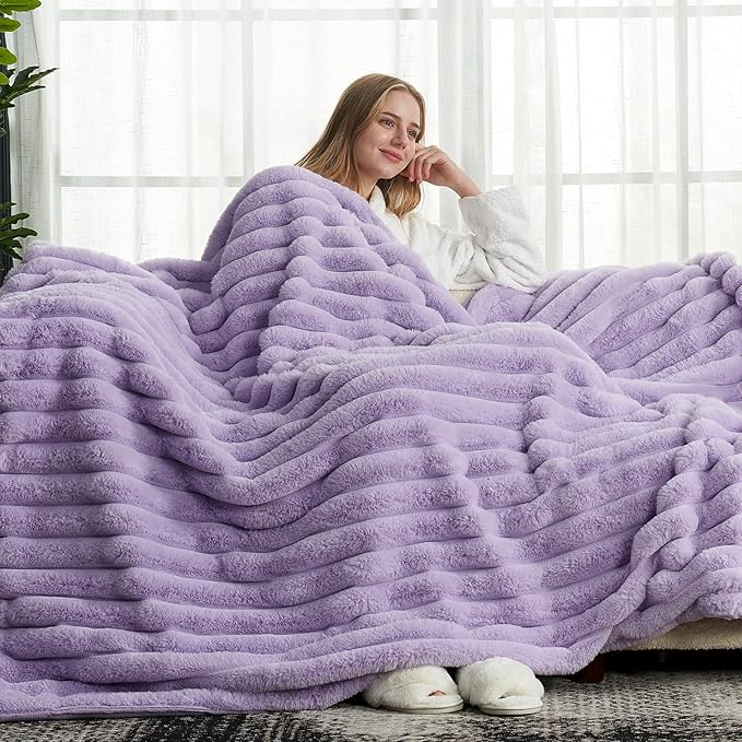 Cozy Bliss Faux Fur Throw Blanket for Couch, Cozy Warm Plush Striped Blanket for Sofa Bedroom Living Room, 60 * 80 Inches Lavender
