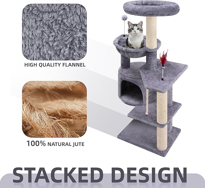 TWDEPART 42.5'' Cat Tree for Indor Cats, Multifunctional Cat Tower with Cozy Condo, Perches, Scratching Posts and Hammock, Grey…