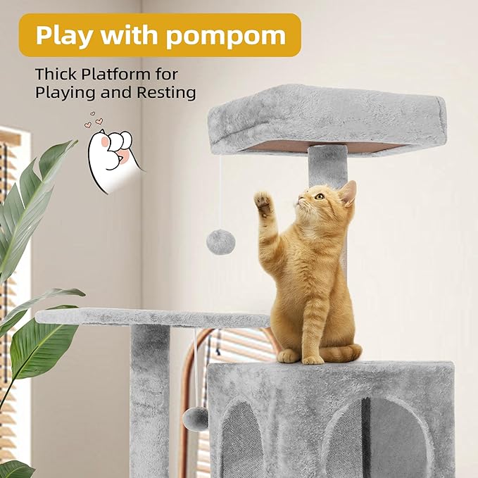 Cat Tree 54-Inch Cat Tower with Padded Plush Perch 2 Comfy Caves, Scratching Posts, Basket, 2 Pompoms, Multi-Level Plush Cat Condo for Indoor Cats Kittens, Light Gray