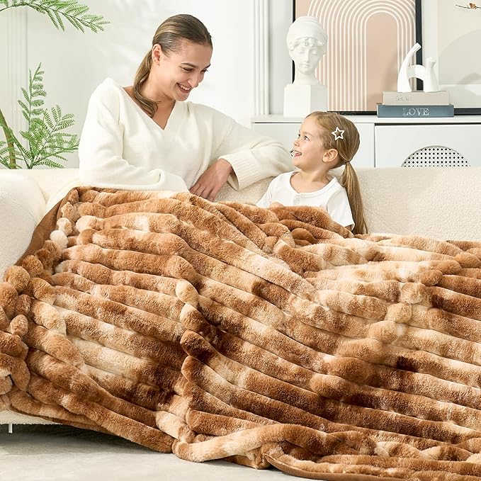 Cozy Bliss Faux Fur Throw Blanket for Couch, Cozy Warm Plush Striped Blanket for Sofa Bedroom Living Room, 60 * 80 Inches Tie-dye Brown