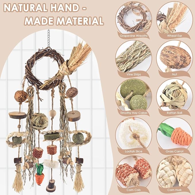 Bissap 3 PCS Rabbit Chew Toy, Bunny Cage Hanging Chew Toys Treats Rattan Ring with Snacks Water Grass Wooden Block Carrot for Guinea Pigs Chinchillas Hamsters Rats and Other Small Pets Teeth Grinding