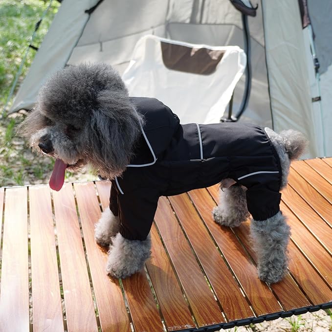 LOVELONGLONG Fleece-Lined Dog Raincoat with Removable Hood – Waterproof Winter Full Body Dog Jacket – Windproof Snowproof Cold-Weather Suit – Black-F XS