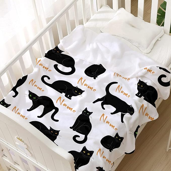 RAMEN BLANKET Custom Black Cats Blanket Throw Super Soft and Cozy Blankets for Home Decoration, Couch, Bed, Sofa 50 in x 40 in Small for Kids for All Seasons