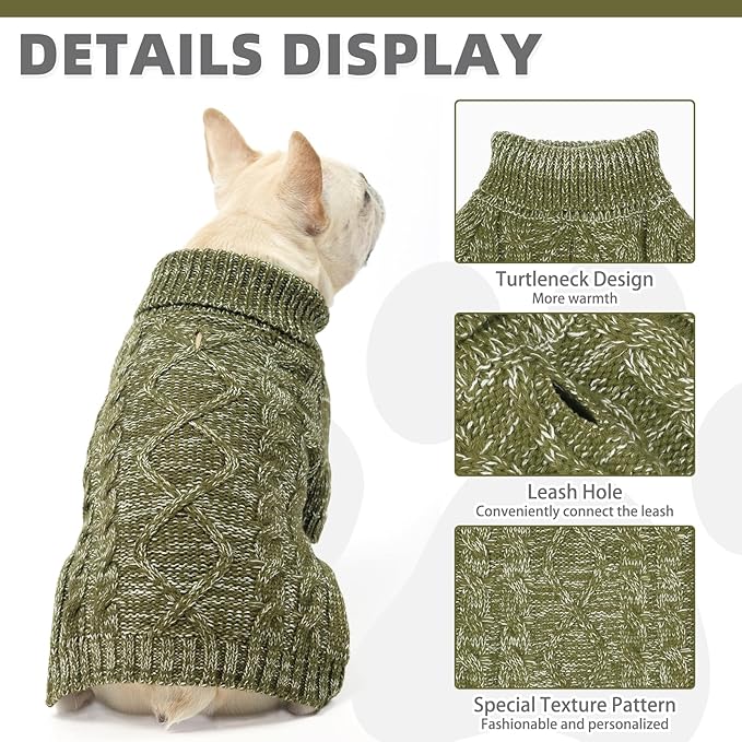 KOOLTAIL Thermal Knitted Dog Sweater for Small Medium Large Dogs, Turtleneck Cable Knit Doggy Winter Coat Warm Clothes Sweatshirt Outfits for Cold Weather, Pullover Pet Jumper for Puppy Cats Green M