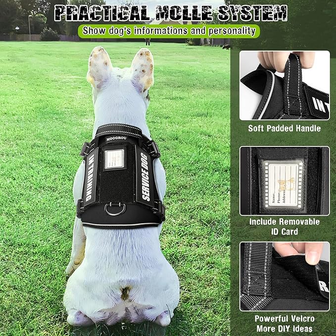 Tactical Dog Harness and Leash Set Small Sized Dog,Heavy Duty No Pull Service Dog Vest and 10 Patches with Dog Seat Belt,Reflective Adjustable Pet Harness for Training Walking Hiking Black S