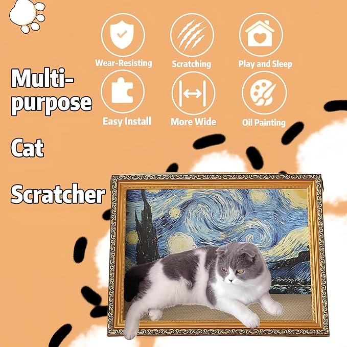 Horizontal Oil Painting Cat Scratcher & Bed - Durable Art Frame with Replaceable Art, Cat House for Indoor Cats Simple-Assembled Bed Couch Cave Condo Home Decoration(Starry Night & Gold Mountain)
