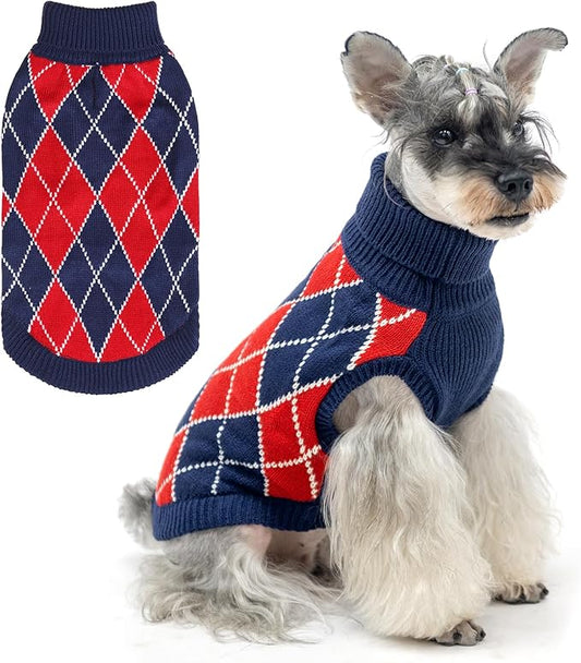 KOOLTAIL Small Dog Sweater, Knit Turtleneck Cold Weather Dog Sweaters for Medium Large Dogs, Soft Diamond Plaid Pullover Knitwear Pet Winter Warm Clothes, Pet Coat Puppy Sweater for Girls Boys M