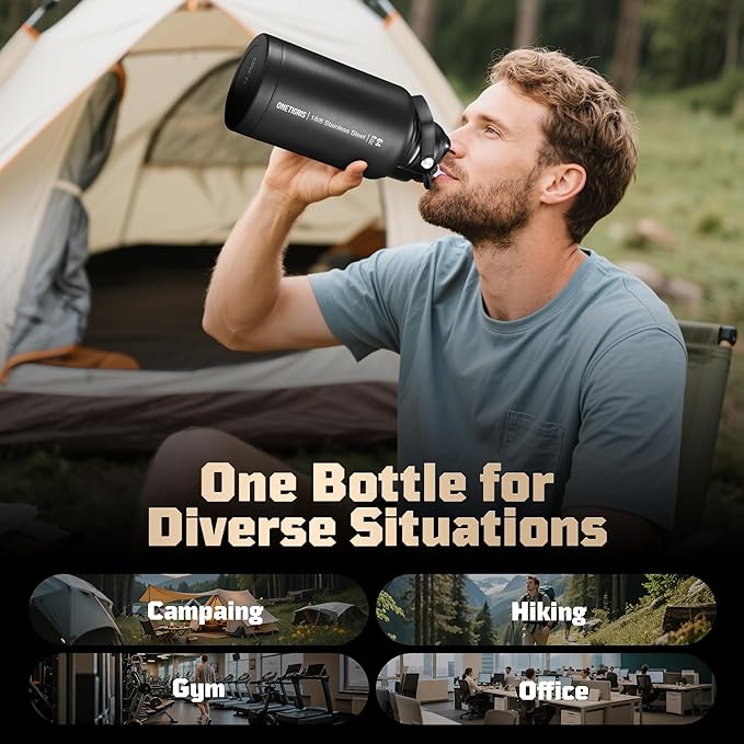OneTigris Tactical Half Gallon Water Bottle with Straw - 64 oz Vacuum Insulated Stainless Steel Water Jug, Leakproof Sport Bottle with 3 BPA Free Lids, Paracord Handle & MOLLE Water Pouch for Outdoor