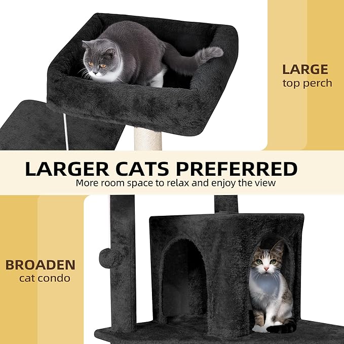 Cat Tree 54-Inch Cat Tower with Padded Plush Perch 2 Comfy Caves, Scratching Posts, Basket, 2 Pompoms, Multi-Level Plush Cat Condo for Indoor Cats Kittens, Black